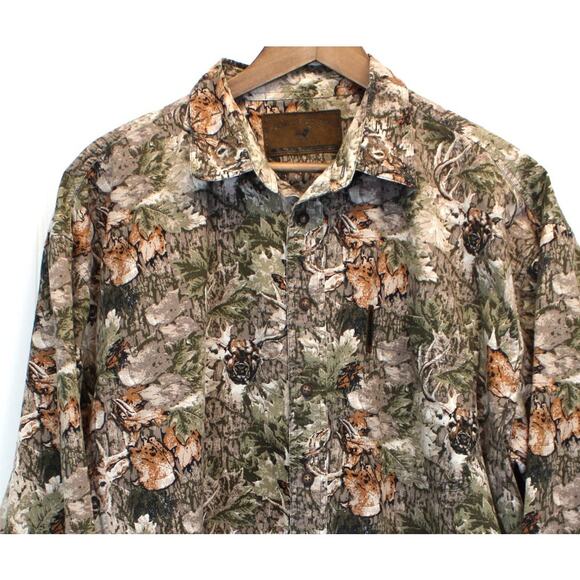 North River Mens XL Flannel Shirt Deer Woodland Camo Long Sleeve Brown Green - Picture 3 of 9